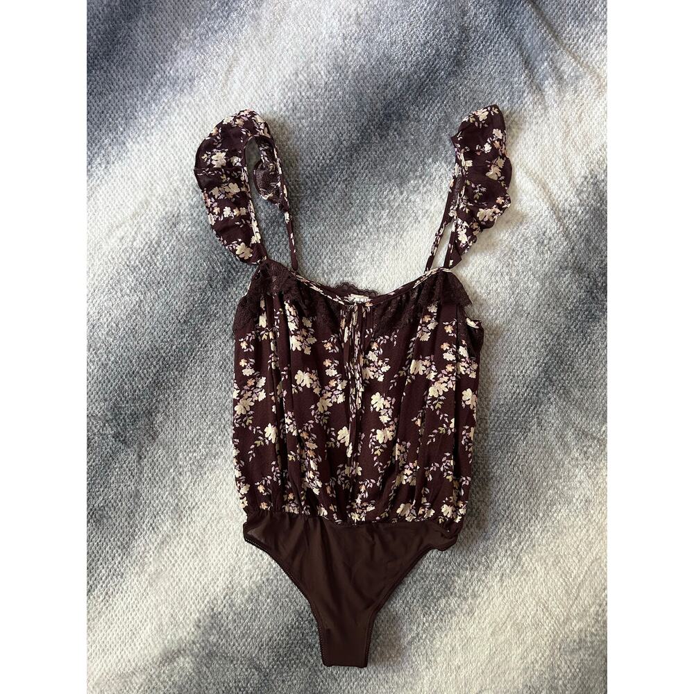 Intimately Free People Floral Brown Lace Flowy Take It Away Bodysuit Size Small